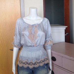 Bebe pale blue silk and crochet top!
