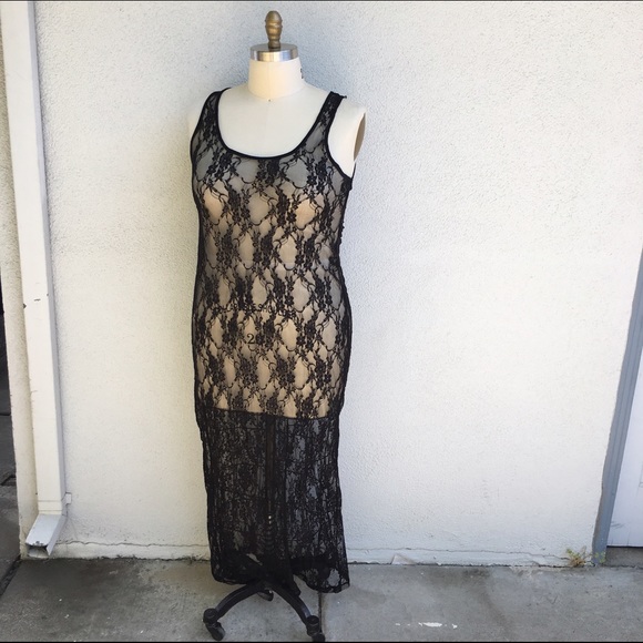 Plus Size Black Lace Bodycon Sheer Maxi Dress