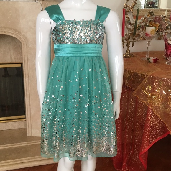 Teal with silver sequences kids dress - Picture 1 of 4