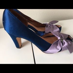 Miss Albright Blue Heels with Purple Ribbons