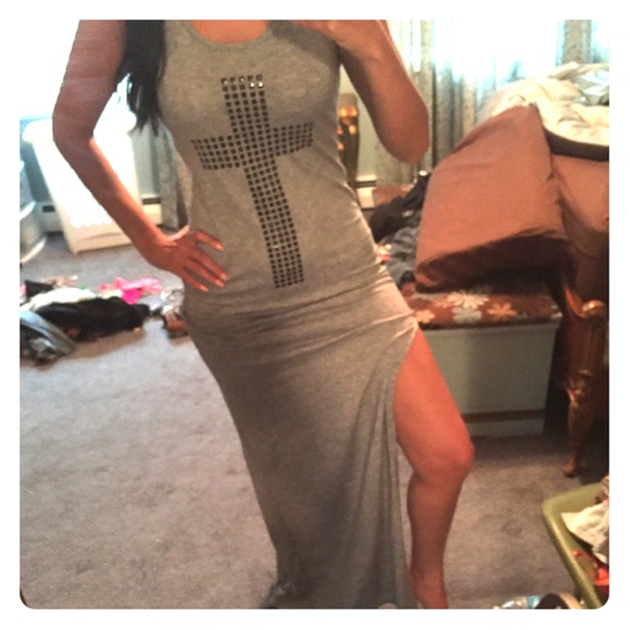 Sexy side slit gray maxi dress