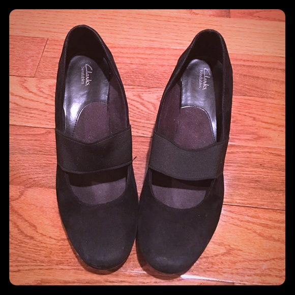 Like New Black Suede Clarks Wedges