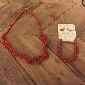 Red beaded necklace,bracelet, and earring set