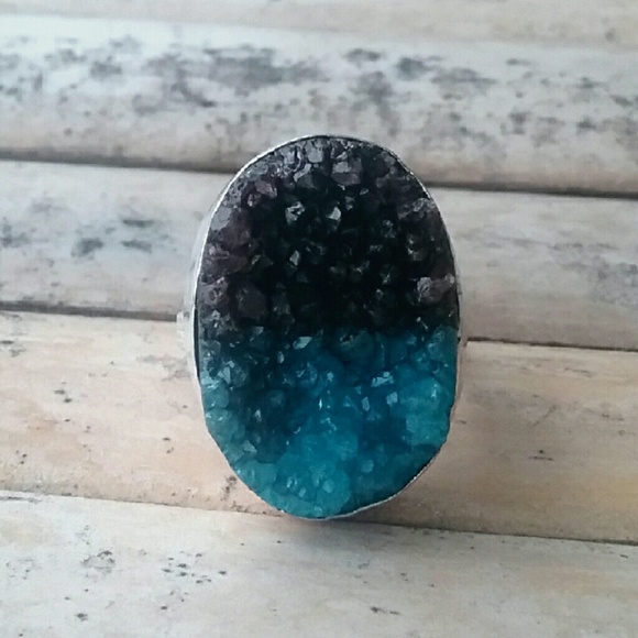 Black and Blue Druzy Silver Ring