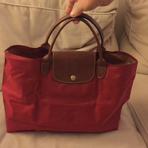 Longchamp red nylon tote with brown handles