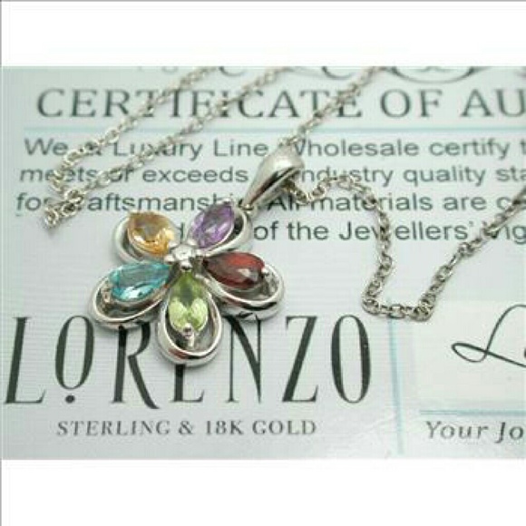 LORENZO 925 Sterling Silver & 18k White Gold Genuine Multicolor Stones Necklace - Picture 2 of 7