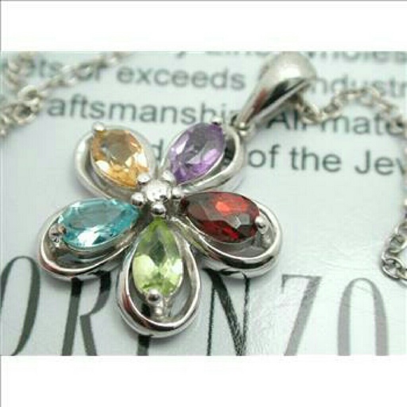 LORENZO 925 Sterling Silver & 18k White Gold Genuine Multicolor Stones Necklace - Picture 1 of 7