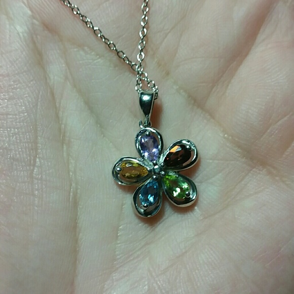 LORENZO 925 Sterling Silver & 18k White Gold Genuine Multicolor Stones Necklace - Picture 4 of 7