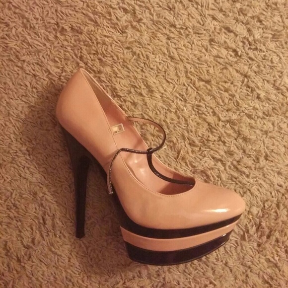 Light pink and black t strap heels