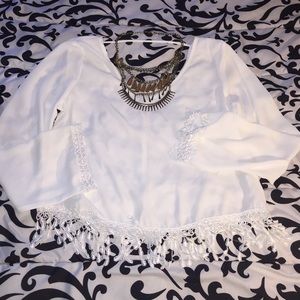 White boho cutout long sleeve with fringe