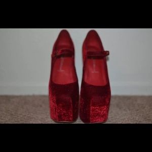 Jeffery Campbell red velvet heel-less platforms
