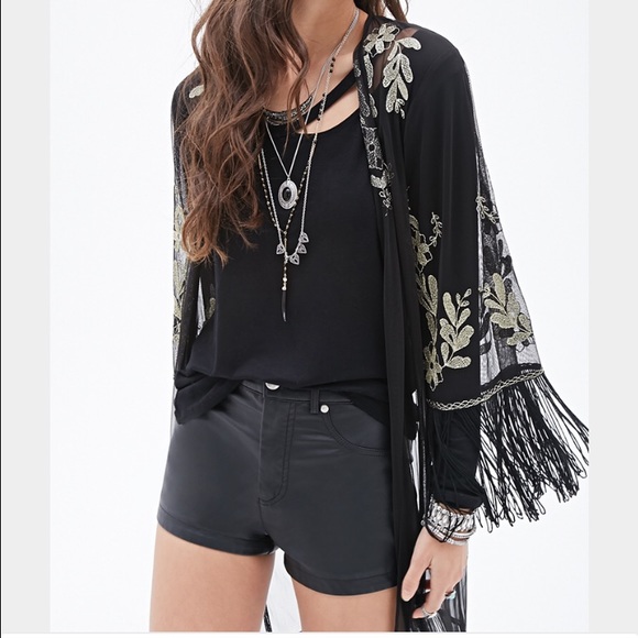 ✨ Black and Gold Embroidery Kimono with Fringe ✨