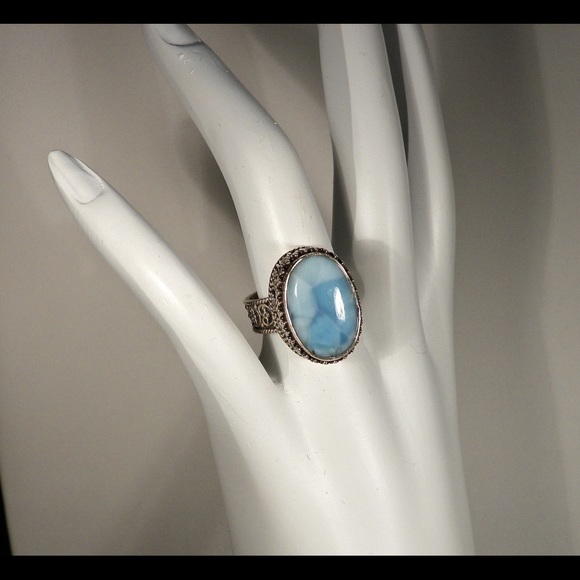 925 Sterling Silver Dominican Larimar Ring - Picture 3 of 5