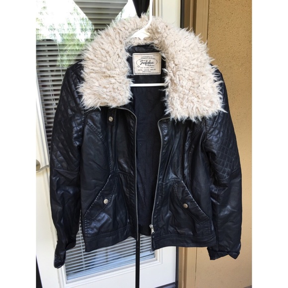 Faux leather jacket w/ shearling collar