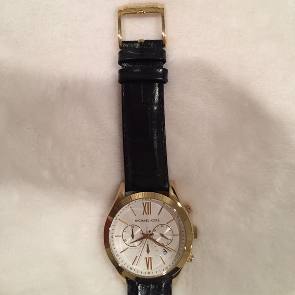 {Michael Kors} Gold tone black leather watch. main image 4