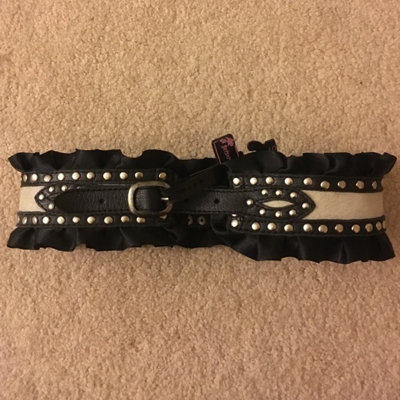 Betsey Johnson leather, fur, studded waist belt