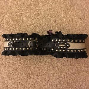 Betsey Johnson leather, fur, studded waist belt