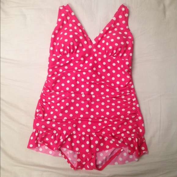 Hot pink polka dot one piece swim suit dress L