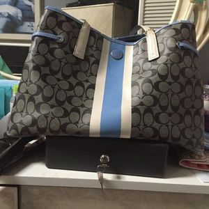 Black white and periwinkle coach tote