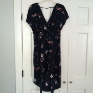 Retro bird print faux wrap dress navy blue size L