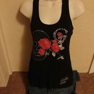 Black skull and roses embellished tank top
