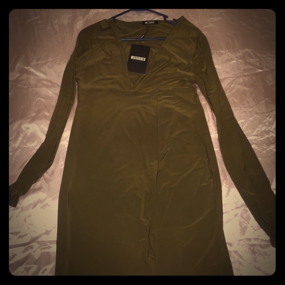 Side Split Slinky Midi Dress - Khaki