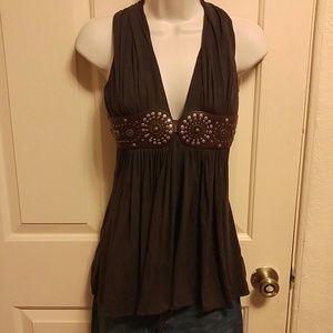Brown halter top with embellished leather accent