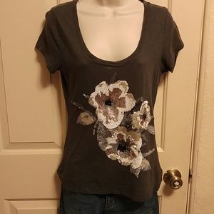 Dark gray top with sequin flower embellishments