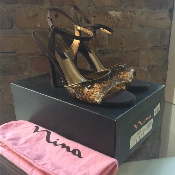 “Nina” brown sequins strappy heels