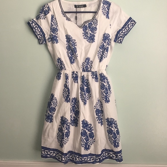 Blue and white pattern dress.