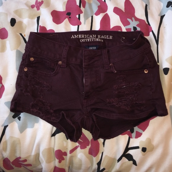 Ripped maroon American Eagle short shorts