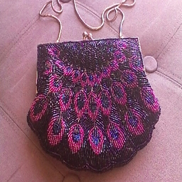 ELEGANT SHARMARK BEADED EVENING BAG GOLD CHAIN - Picture 1 of 4