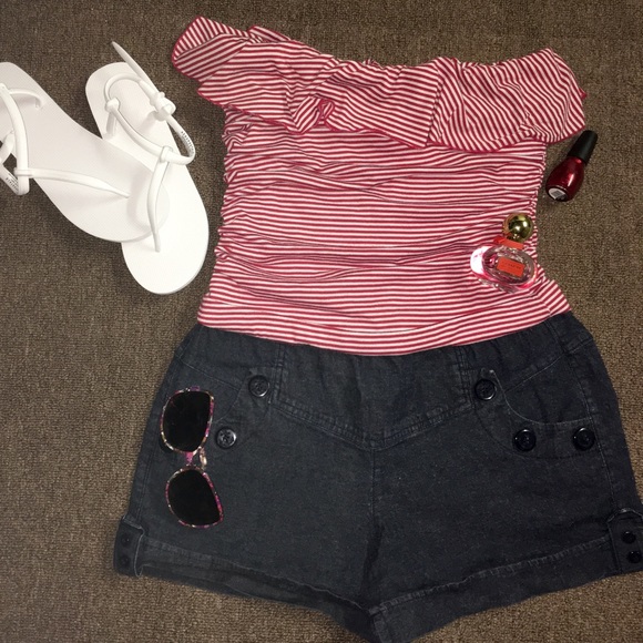 Red, White & Jean Strapless Romper