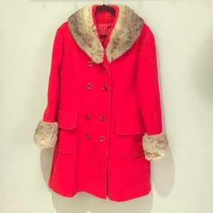 Vintage red wool coat with rabbit fur