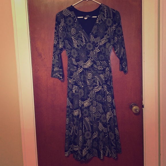 Black floral faux-wrap dress.