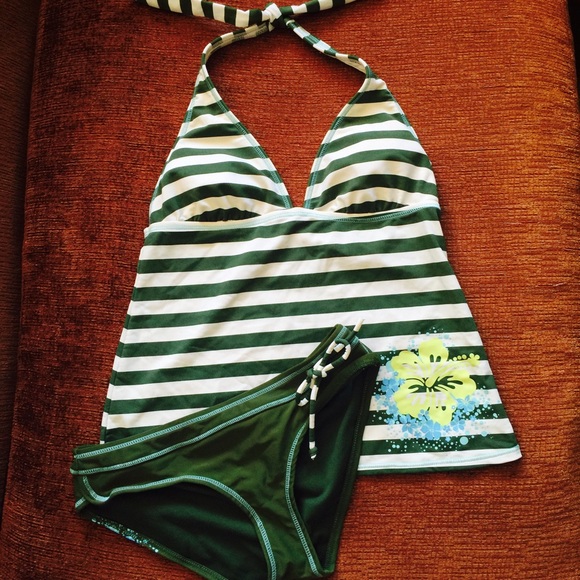 Olive green and white striped tankini