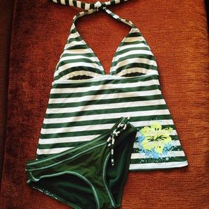 Olive green and white striped tankini