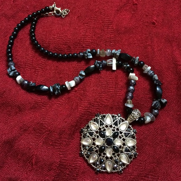 Jewelry - Ornate Black and White Metal and Shell Necklace