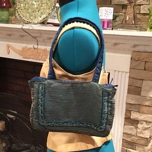 Blue green shoulder boho bag with beaded design