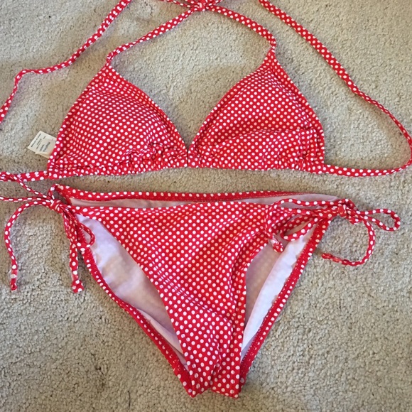 Red polka dot string bikini