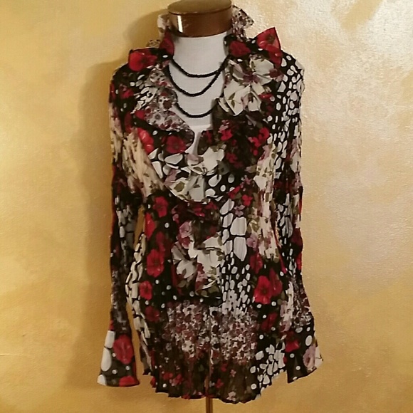 Multicolor long sleeve ruffled trimmed  blouse
