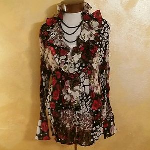 Multicolor long sleeve ruffled trimmed  blouse