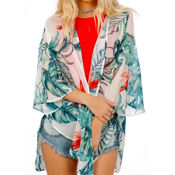 TROPICAL CAPE Printed Chiffon Jacket Bohemian Top - Picture 4 of 4