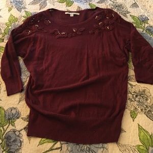 Maroon, 3/4 length sweater with flowers and pearls