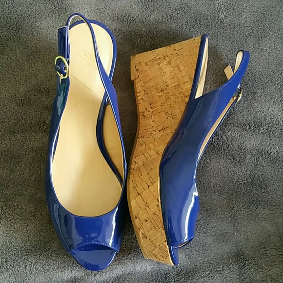 MARC FISHER slingback cork wedge blue patent sz7.5