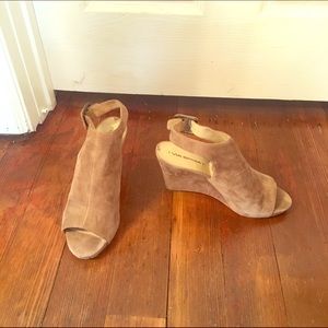 Slightly worn khaki suede Via Spiga wegdes