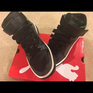 PUMA Black, White and Green Hi Tops Size 9.5 (Men)