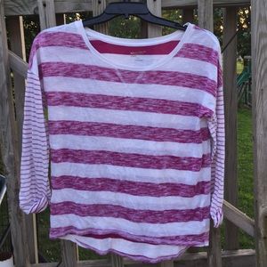 Dark pink and white striped scoop neck tee