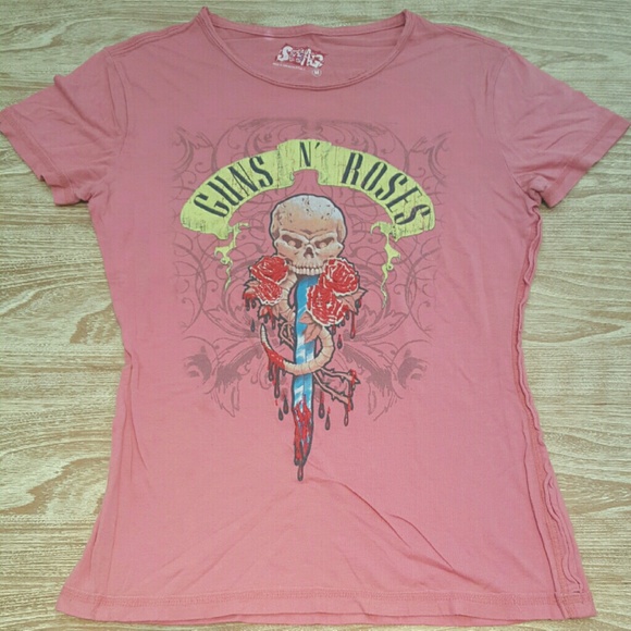Guns n Roses Skull Embroidered Coral Tee Top M