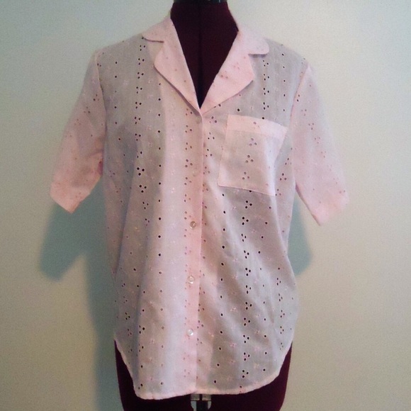 60s Pink Eyelet Button Up Top Short Sleeve  L, XL - Picture 1 of 4
